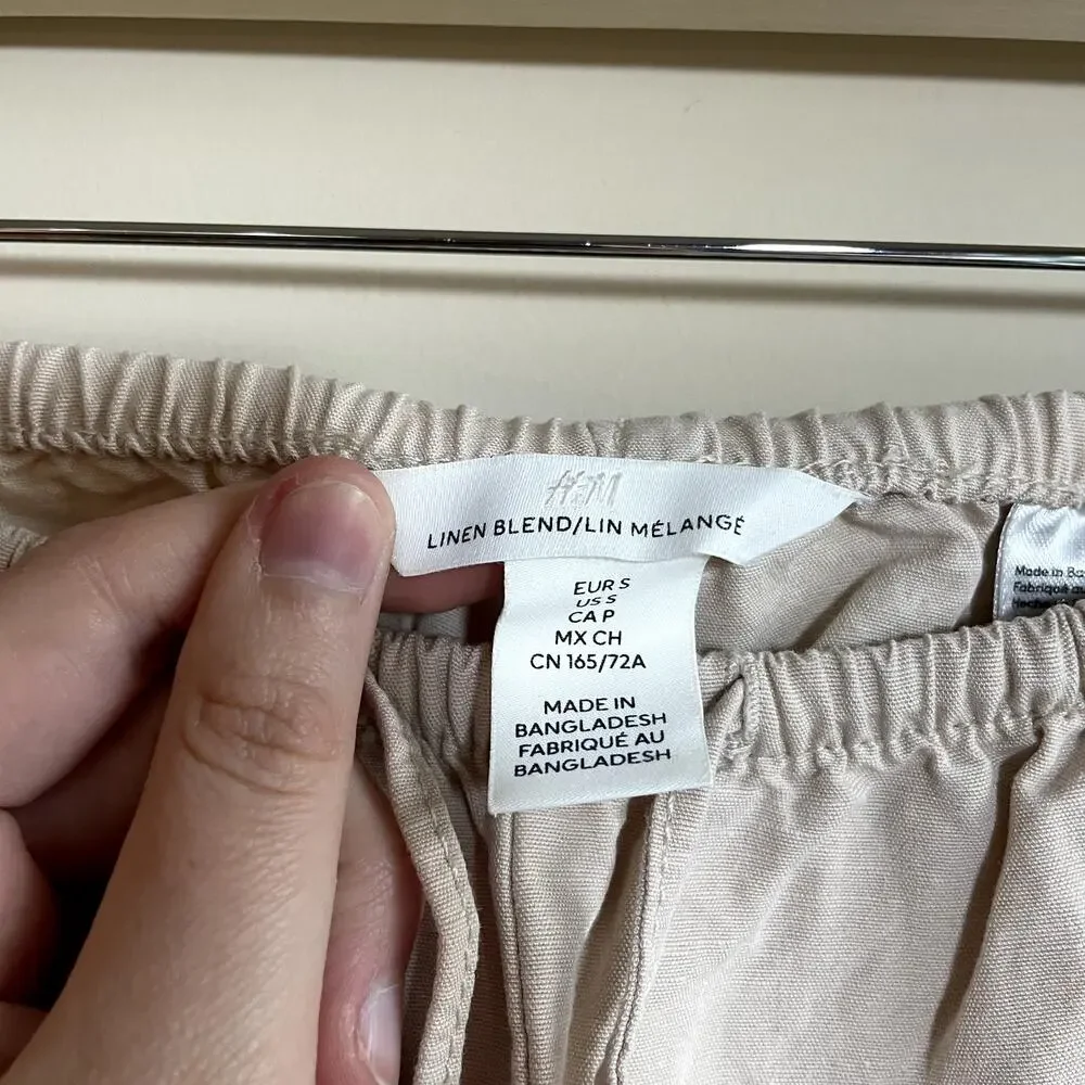H&M linen blend drawstring waist wide leg trousers minimalist women's size small